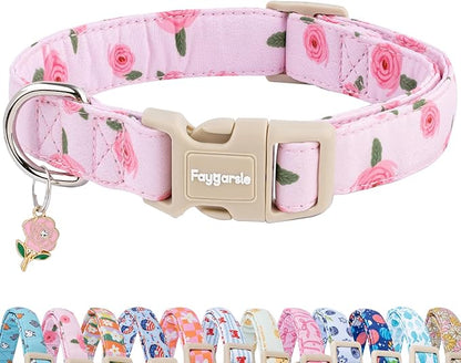Faygarsle Pink Floral Dog Collar with Roses Pattern, Spring Summer Design for Small Medium Large Dogs S