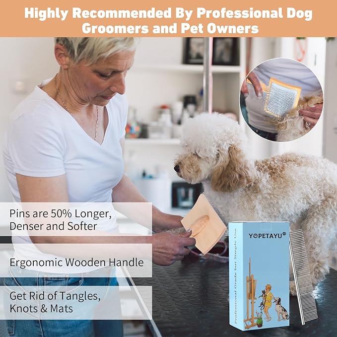Dog Slicker Brush & Stainless Steel Comb Set for Shedding & Grooming Medium & Large Long or Thick Coated Dogs, Doodles & Cats, 1 Inch Pin Slicker Brush with Ergonomic Wooden Handle, Oak