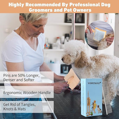 Dog Slicker Brush & Stainless Steel Comb Set for Shedding & Grooming Medium & Large Long or Thick Coated Dogs, Doodles & Cats, 1 Inch Pin Slicker Brush with Ergonomic Wooden Handle, Oak