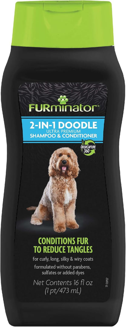 FURminator 2-in-1 Doodle Ultra Premium Shampoo & Conditioner, 16 Ounces, Conditions Fur to Reduce Tangles for Curly, Long, Silky & Wiry Coats