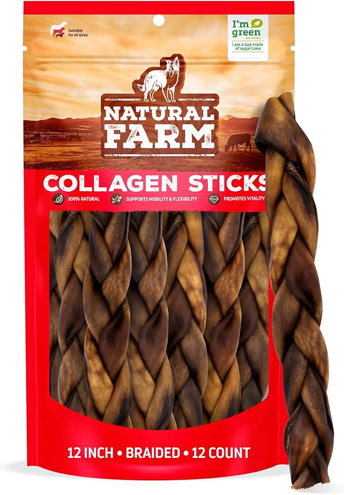 Natural Farm Odor Free Braided Collagen Chews for Dogs (12 Inch, 12 Pack), Collagen Sticks, Natural Dog Chews, Long Lasting, for Small, Medium and Large Dogs, Odor-Free, Rawhide Alternative