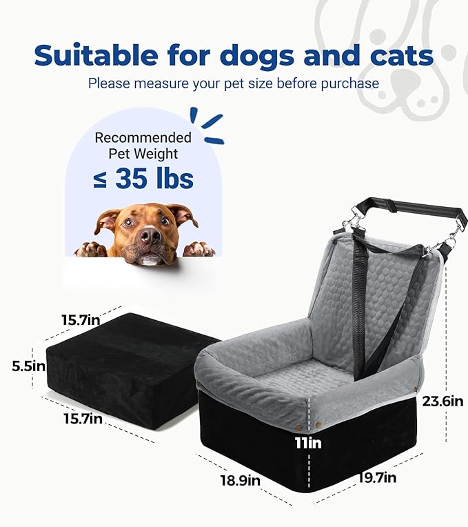 Wagora Dog Car Seat for Small Medium Dogs, Travel Pet Car Bed with Removable Waterproof Cover, Memory Foam Dog Booster Seats Up to 35 lbs, Safety Belt and Storage Pocket(Gray)