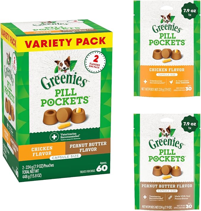 Greenies Pill Pockets for Dogs, Large Size Soft Dog Treats, Chicken Flavor and Peanut Butter Flavor, 7.9 oz. Pouch