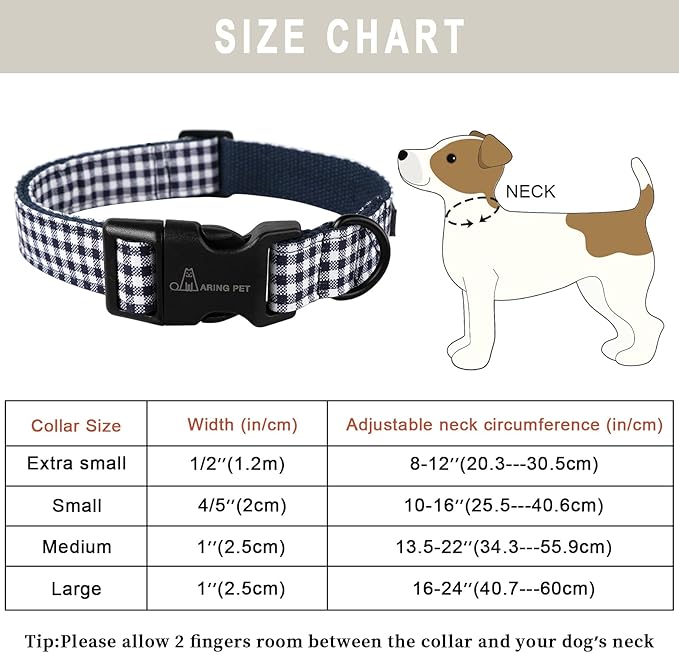 ARING PET Dog Collar, Cute Adjustable Comfortable Cotton Navy White Plaid Pet Collars for Small Medium Large Male Female Boy Girl Dogs-Large