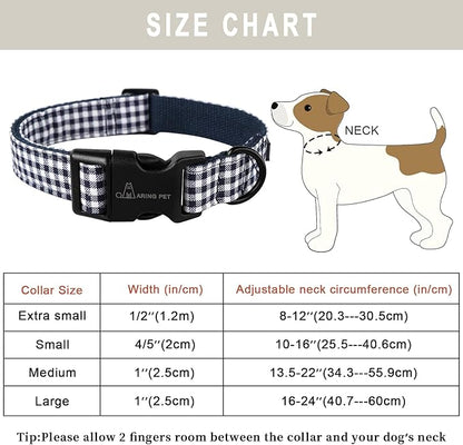 ARING PET Dog Collar, Cute Adjustable Comfortable Cotton Navy White Plaid Pet Collars for Small Medium Large Male Female Boy Girl Dogs-Large