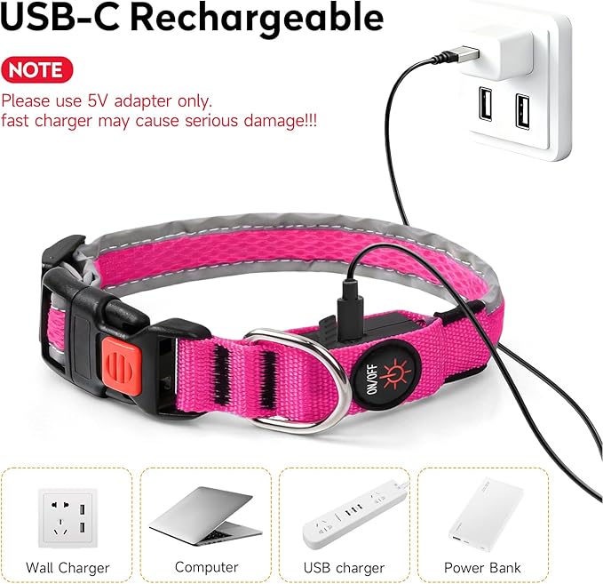 LED Dog Collar, Light Up Dog Collar USB Rechargeable, Nylon Adjustable Comfortable Soft Bright RGB 7 Colors Changeing Safety Light Glowing Collar for Small and Medium Dogs(Small,Pink)