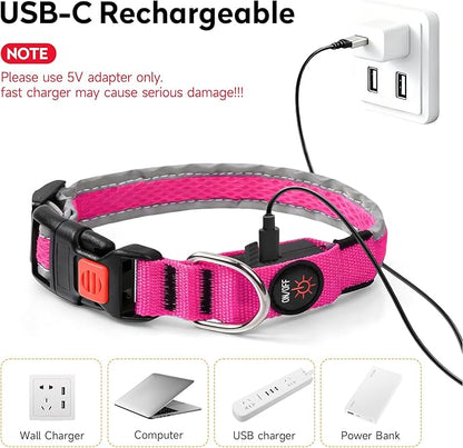 LED Dog Collar, Light Up Dog Collar USB Rechargeable, Nylon Adjustable Comfortable Soft Bright RGB 7 Colors Changeing Safety Light Glowing Collar for Small and Medium Dogs(Small,Pink)