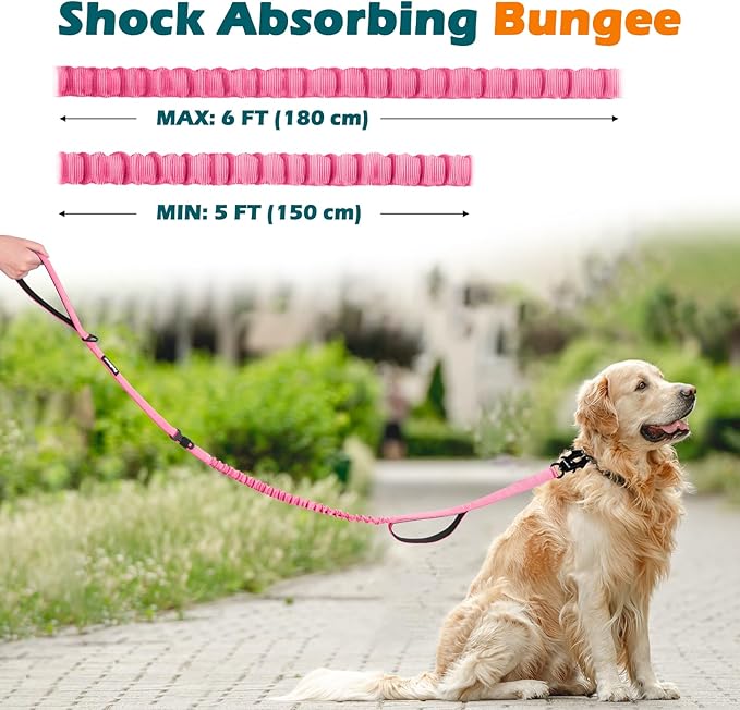 PetBonus Heavy Duty Tactical Dog Leash, 5 FT Bungee Shock Absorption Leash with 2 Padded Handles, Quick Release Metal Clip, Car Seatbelt, No Pull Training Lead for Large Medium Dogs（Pink）