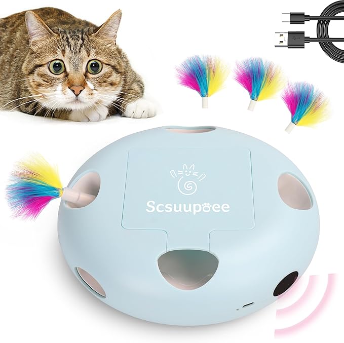 Scsuupoee IInteractive Cat Toy, Electric Cat Toys for Moving Concealed Feathers, Smart Sensor 7 Holes Whack a Mole Feather Toy, USB Charge Automatic Kitten Toys,Blue