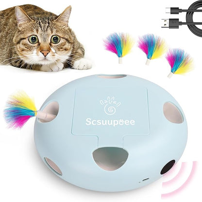 Scsuupoee IInteractive Cat Toy, Electric Cat Toys for Moving Concealed Feathers, Smart Sensor 7 Holes Whack a Mole Feather Toy, USB Charge Automatic Kitten Toys,Blue