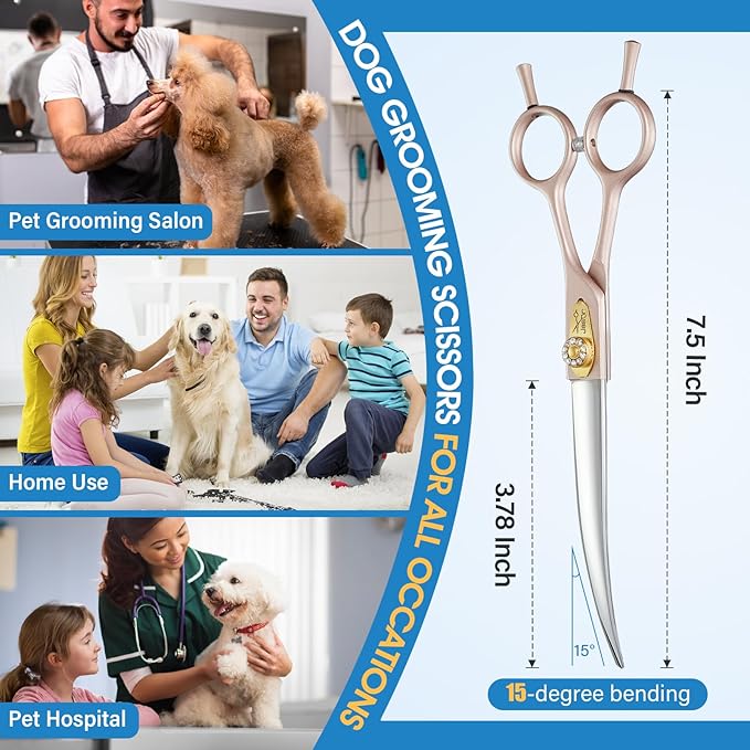 JASON 7.5" Dog Grooming Scissors - Professional Curved Shear with Ergonomic Handle Japanese 440C Stainless Steel Pet Scissor with Diamond Screw for Dogs, Cats and Other Animals Christmas Gift