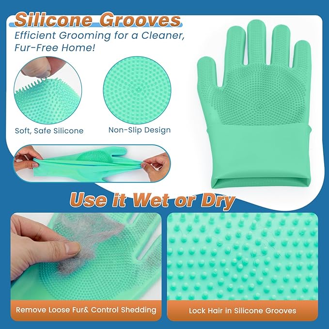 7-Piece Pet Grooming Kit with Storage Bag | Portable Bathing Set for Dogs & Cats | Includes Silicone Gloves, Deshedding Brushes & Finger Toothbrushes | All-in-One Pet Care (Sage Green)