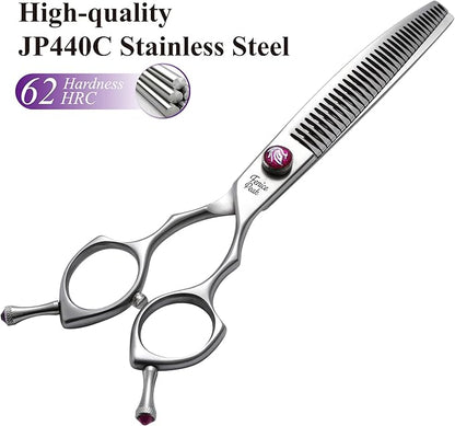 Fenice Peak 7.5‘’ Curved Chunker Dog Grooming Scissors with Purple Flashing Screw Professional 440C Stainless Steel Natural Color Pet Trimming Shears with Offset Handle Durable and Sharp