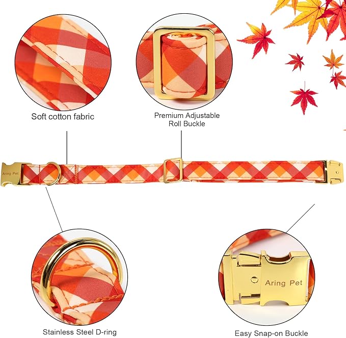 ARING PET Fall Dog Collar with Bow, Halloween Orange Grid Cute Pet Collars with Quick Release Buckle for Puppy Small Medium Large Girl Boy Dogs-XL
