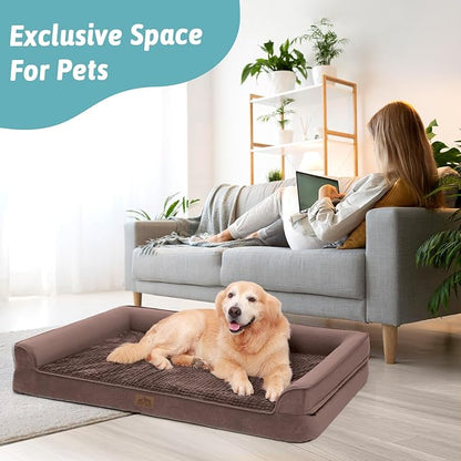 COZY KISS Orthopedic Dog Bed for Large Medium Size Dog, L Pet Sofa for Dog Cat, Big Supportive Foam Bolster U Shaped Couch with Waterproof Lining Cover, Anti-Slip, Washable, 36x27x7.5 inch, Brwon