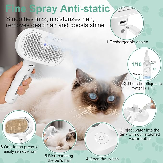 Dog Brush Cat Brushes for Shedding,Pet Steam Brush for Dogs Cats Spray Hair Removal Comb Steam Grooming for Long Short Haired Pets,Anti-Static Self Cleaning Grooming Tool Removes Loose Hair,white