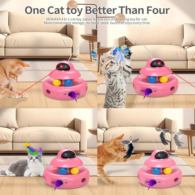 MOHAYA Automatic Cat Toys,4-in-1 InteractiveCat Toys for Bored Indoor Adult Cats, Electric Flying Butterfly,Rechargeable Moving Ambush Feather,Pink Kitter Toy Track Balls