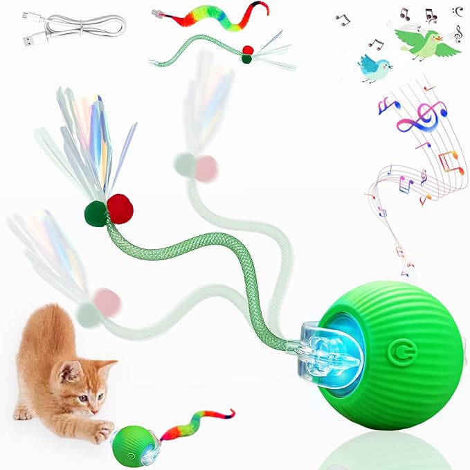 Yaruiguang New Upgraded Cat Ball Toy - Speedy Tail 3.0 Cat Toy, Interactive Cat Toy Ball, Stimulating Toys and Juguetes para Gatos, Cat Toys for Bored Indoor（Sound Switchable） (Green)
