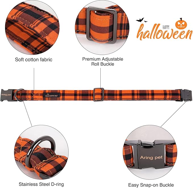 ARING PET Dog Collar, Cute Fall Dog Collar with Bow, Adjustable Halloween Orange Grid Bowtie Dog Collars Gift with Metal Buckle for Small Medium Large Dogs