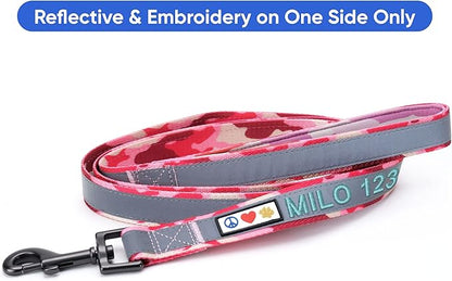 Pawtitas Personalized Camo Pink Dog Leash 6 ft Custom ID Lead for Dogs & Puppies Reflective Comfortable Padded Handle Embroidered Name & Phone Number