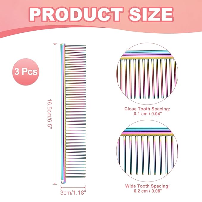PETAXCELL Dog Cat Comb, Pet Combs Stainless Steel Teeth with Rounded Ends for Knots Mats Loose Hair Removal, 6.5IN (Colorful Plated, 3 Pack), Grooming Tool Intended for Long Curly Hair Pet