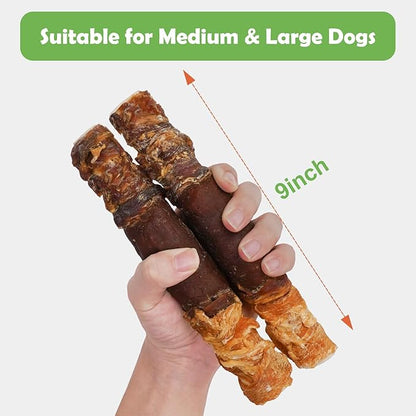 MON2SUN Dog Treats Triple Flavor 9 Inch Chicken Liver Duck and Chicken Wrapped Rawhide Rolls, Teeth Cleaning and Long Lasting Chews for Medium and Large Dogs, 22.2 oz(4 Count)