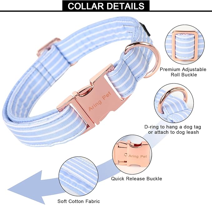ARING PET Dog Collars with Bow, Blue Stripe Adjustable Bowtie Pet Collar with Metal Buckle for Small Medium Large Boy Girl Dogs-L
