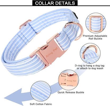 ARING PET Dog Collars with Bow, Blue Stripe Adjustable Bowtie Pet Collar with Metal Buckle for Small Medium Large Boy Girl Dogs-L