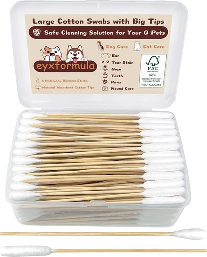 eyxformula 6 Inch Long Cotton Swabs for Pet Cleaning, Bamboo Handle, Pet Ear Cleaning Solution Supplies for Dogs and Cats