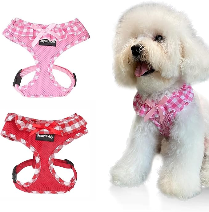 SuperBuddy Upgraded Soft Mesh Dog Harness, Super Breathable Lightweight Pet Harnesses for Puppy Dogs Outdoor Walking, Pink and Red Dog Harness Set Packing-XSmall