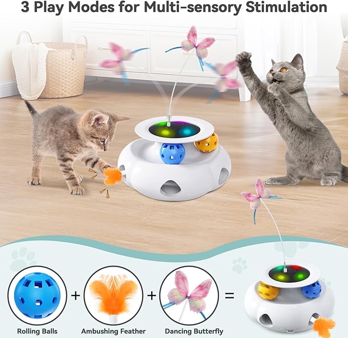 Xuyub Cat Toys 3in1 Interactive Moving Ambush Feather, Spinning Butterfly, Track Balls, USB Rechargeable Automatic Activated Kitten Toys for Indoor Cats, Cat Feather Toy for All Breeds