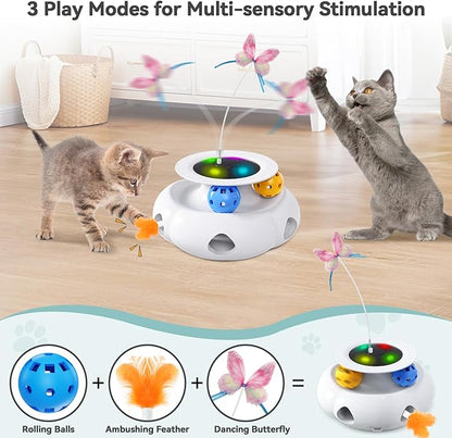 Xuyub Cat Toys 3in1 Interactive Moving Ambush Feather, Spinning Butterfly, Track Balls, USB Rechargeable Automatic Activated Kitten Toys for Indoor Cats, Cat Feather Toy for All Breeds