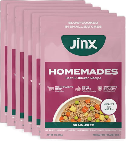 Jinx Beef & Chicken Grain Free Wet Dog Food Pouches, Meal or Dog Food Topper Mix-in, Made with Real Beef & Chicken, Bone Broth, No Fillers - Puppy, Adult, Senior, 9oz, 6 Pack