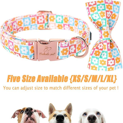 Cute Dog Collar with Bow Tie, Spring Summer Flower Plaid Bowtie Dog Collar, Durable Adjustable Cotton Pet Collar for Small Medium Large Dogs
