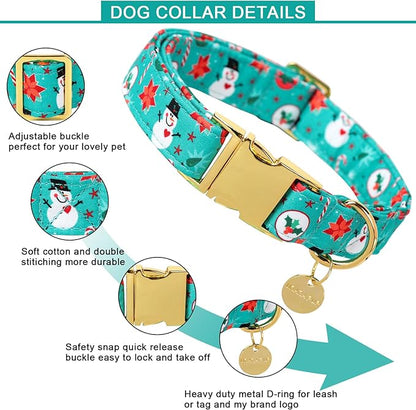 Christmas Dog Collar, Cotton Christmas Collar for Puppy Girl Dog or Cat, Green Dog Collar Flower with Durable Metal Buckle, Christmas Snowman Gift Pet Collar, L