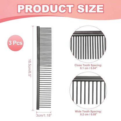 PETAXCELL Dog Cat Comb, Pet Combs Stainless Steel Teeth with Rounded Ends for Knots Mats Loose Hair Removal, 6.5IN (Black Plated, 3 Pack), Grooming Tool Intended for Long Curly Hair Pet