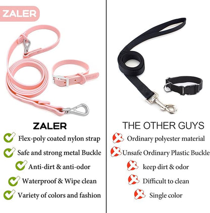 ZALER Dog Collar and Leash Set, Waterproof Adjustable Odor Proof Pet Collars Leashes Easy to Clean, 6FT Dog Leash with 2 Hooks for Large, Medium Small Dogs (S, Pink)