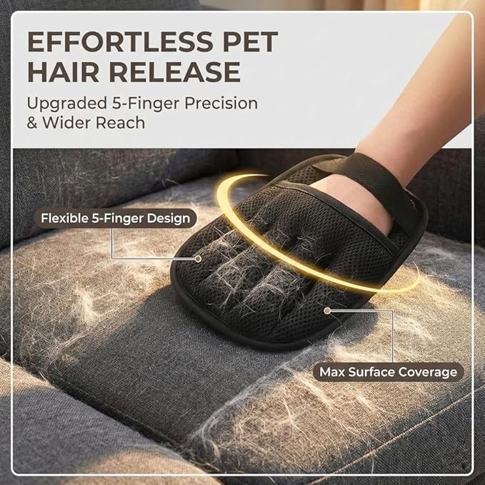 Magic Pet Hair Removal Glove – Newly Upgraded Five-Finger Reusable Electrostatic Grooming Gloves for Dogs & Cats, Best Pet Hair Remover for Furniture, Couch, Carpet, Clothes & Car (1 PCS)