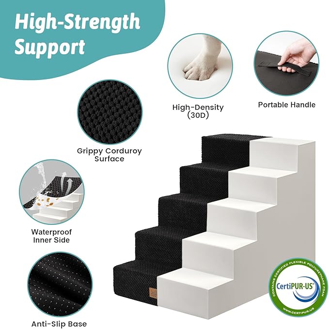 COZY KISS Dog Stairs for Small Dogs 5-Step, 19.7" Extra Wide Right-Angle Pet Stairs for Couch and Beds, Anti-Slip Dog Steps for Old Cats and Lowrider, 19.7x29.5x23.6 inch, Black