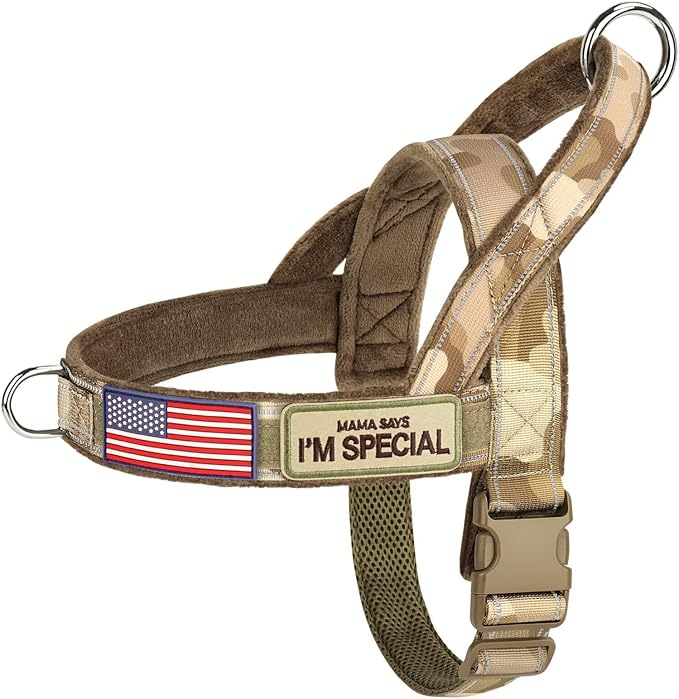 Forestpaw No Pull Dog Harness with Large Handle,Slip on Reflective Vest with Quick Release Buckle,Comfortable Flannel Lining for Medium Large Dogs Walking Training (Includes 3 Patches),Brown Camo L
