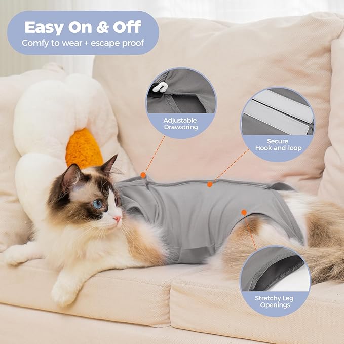 Avont Cat Recovery Suit Post-Surgery Onesie, Breathable Cone-of-Shame Alternative Bodysuit for Spayed Female Kittens, Skin Abdonminal Wound Care -Grey(L)