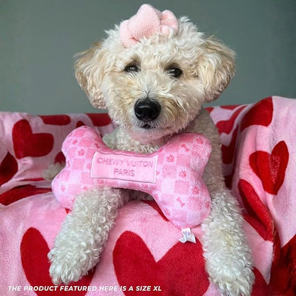 Haute Diggity Dog Pink Checker Chewy Vuiton Bone, Plush Designer Dog Toys with Interactive Squeaker, Stimulating Pet Enrichment, Machine-Washable & Safe Materials for All Breeds, Size Large