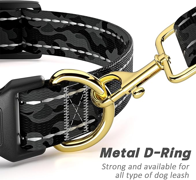 Reflective Dog Collar for Large Dogs, Cute Camouflage Adjustable Heavy-Duty Nylon Puppy Collar for Boy and Girl Female, Soft Pet Accessories with Quick Release Buckle, Black