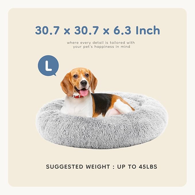 DUMOS 30.7x30.7 Inch Calming Donut Dog Beds for Large Dogs, Machine Washable Cuddler Warming Cozy Fluffy Faux Fur Plush Round Pet Bed Medium Sized Bed for Indoor Dogs and Cats, Grey