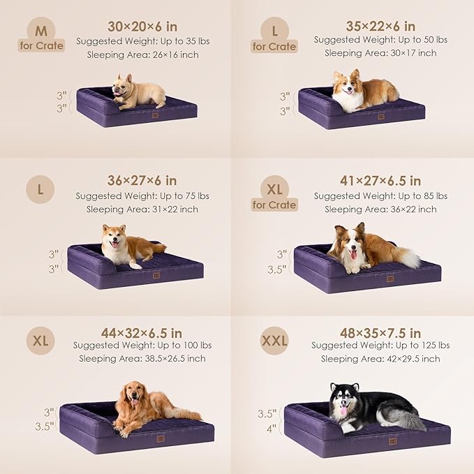 EHEYCIGA Memory Foam Dog Bed Large Size Dogs, Orthopedic Dog Bed Large with Washable Removable Cover, Waterproof Pet Sofa Couch with Nonskid Bottom, 36x27x6, Purple