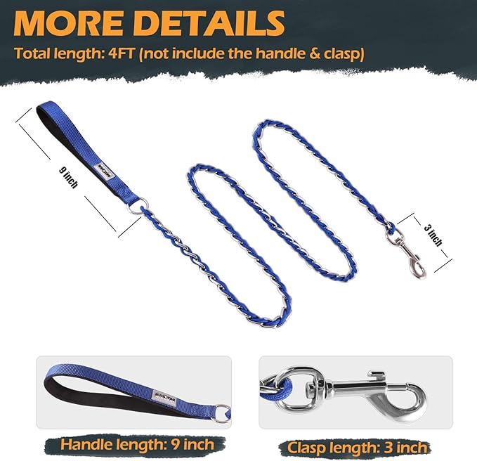 Chew Proof Metal Leash Chain Dog Leash for Medium Large Dogs, Chain Link Anti Chew 4FT Strong Anti Bite Comfortable Soft Padded Handle Blue