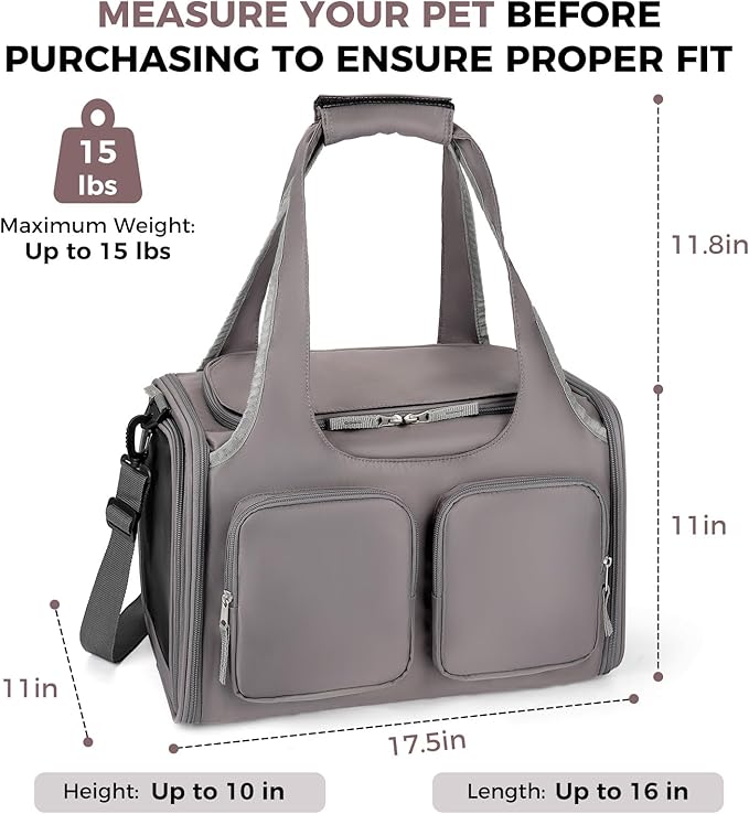 Dog, Cat Carrier for Pets Up to 15 Lbs, Airline Approved Collapsible Soft-Sided Pet Travel Bag with Locking Zippers, Breathable Mesh and 4 Large Pockets, Removable Fleece Pad (Grey)