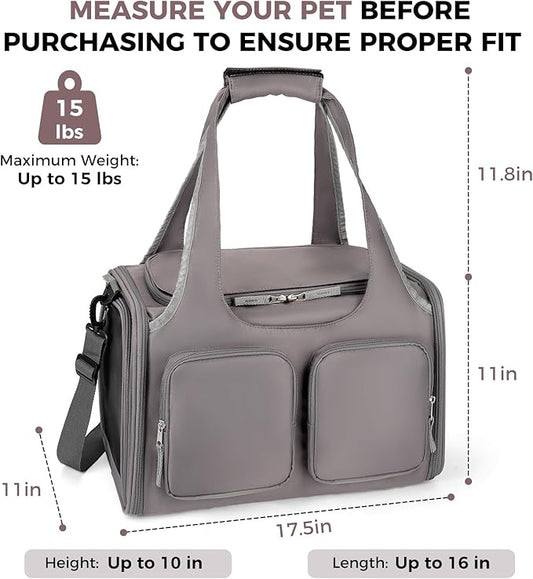 Dog, Cat Carrier for Pets Up to 15 Lbs, Airline Approved Collapsible Soft-Sided Pet Travel Bag with Locking Zippers, Breathable Mesh and 4 Large Pockets, Removable Fleece Pad (Grey)