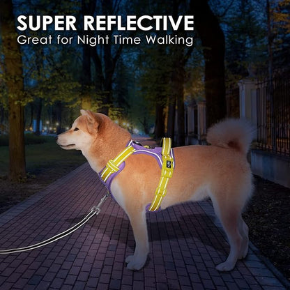 PHOEPET No Pull Dog Harness, Unique Colors Reflective Adjustable Dog Vest, with Soft Training Handle Metal Clips for Small Medium Large Dogs (Baby Purple Base & Yellow Straps,L)