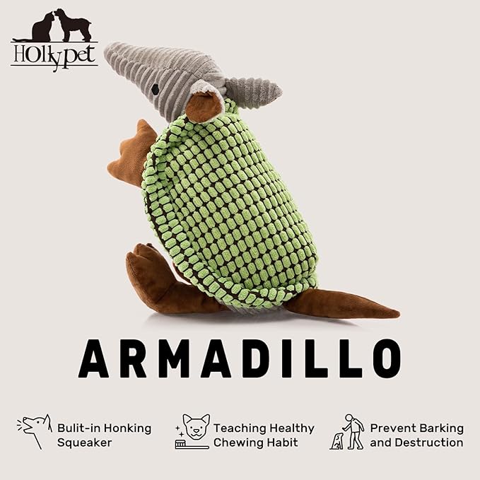 Hollypet Plush Dog Squeaky Toy Stuffed Armadillo Animal Pet Puppy Chew Toys with Clean Teeth for Small Medium Large All Breed Sizes Dogs, Green, 14 in